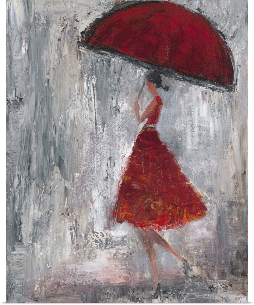 Contemporary painting of a woman in a red dress walking in the rain with a red umbrella.