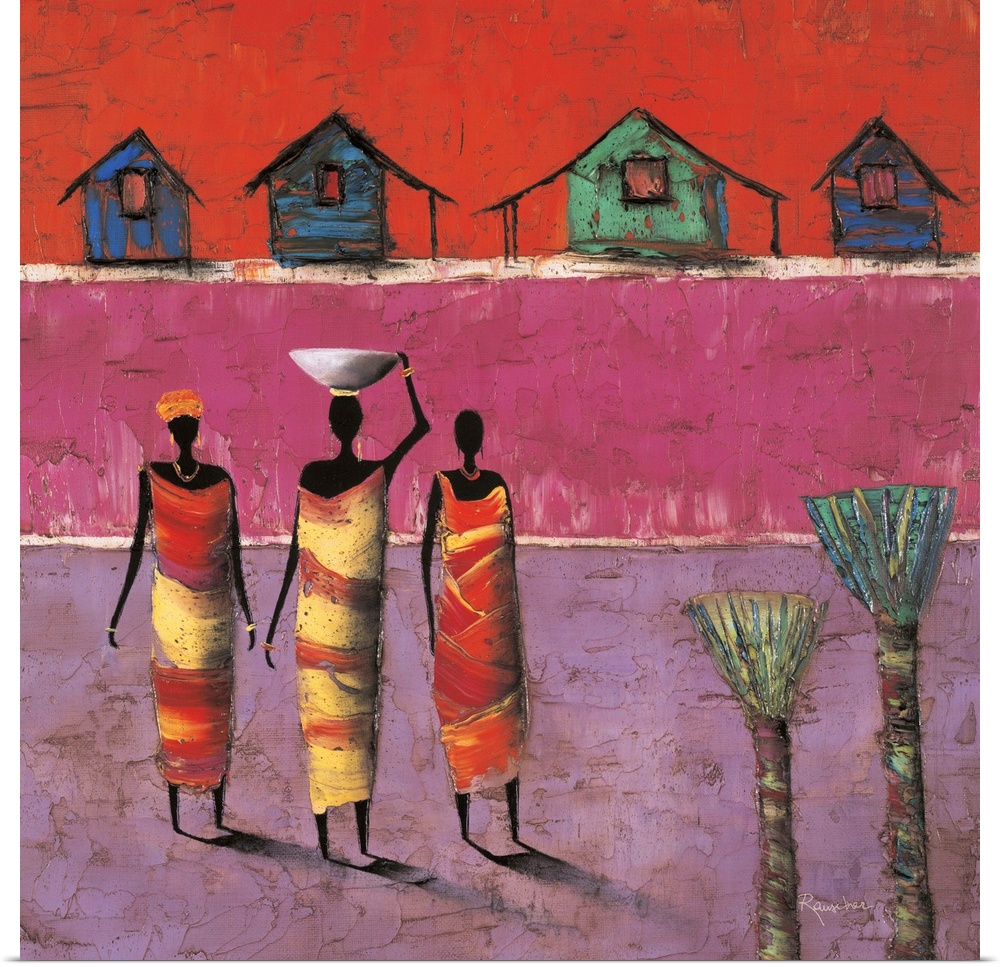 Contemporary painting of three figures standing in front of colorful houses in the background.
