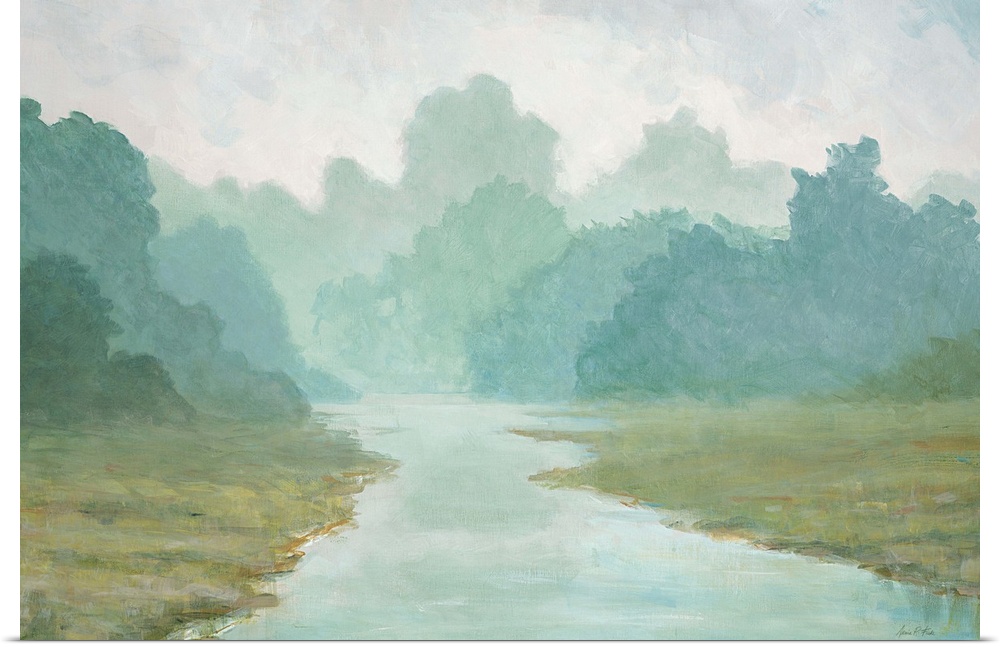Contemporary painting of a river in a field lined with trees on a misty morning.