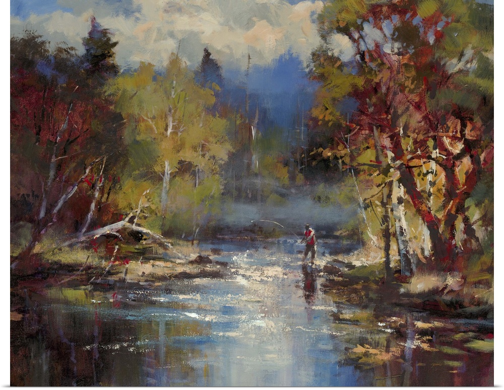 Contemporary painting of a man fishing in a forest stream, with enormous clouds in the background.