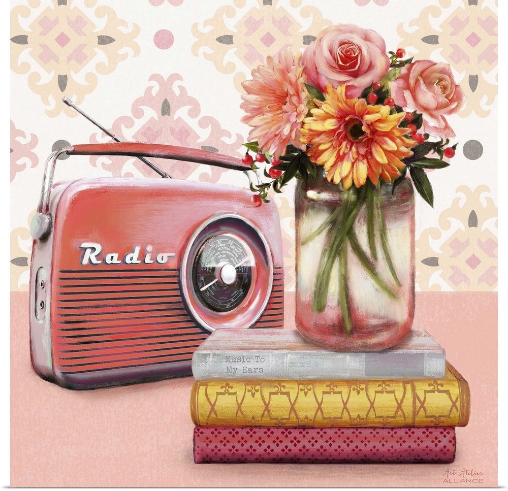 Contemporary vibrant home decor artwork with a red radio and a bouquet of colorful flowers in a mason jar.