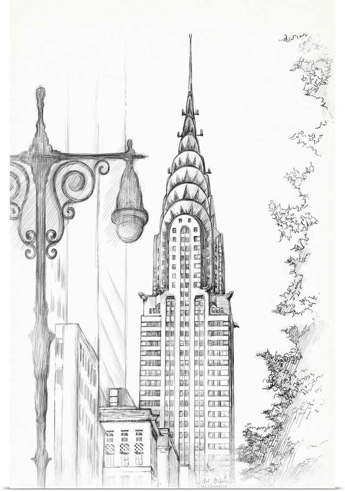 Contemporary illustrative home decor artwork of the Chrysler building standing tall in New York city.