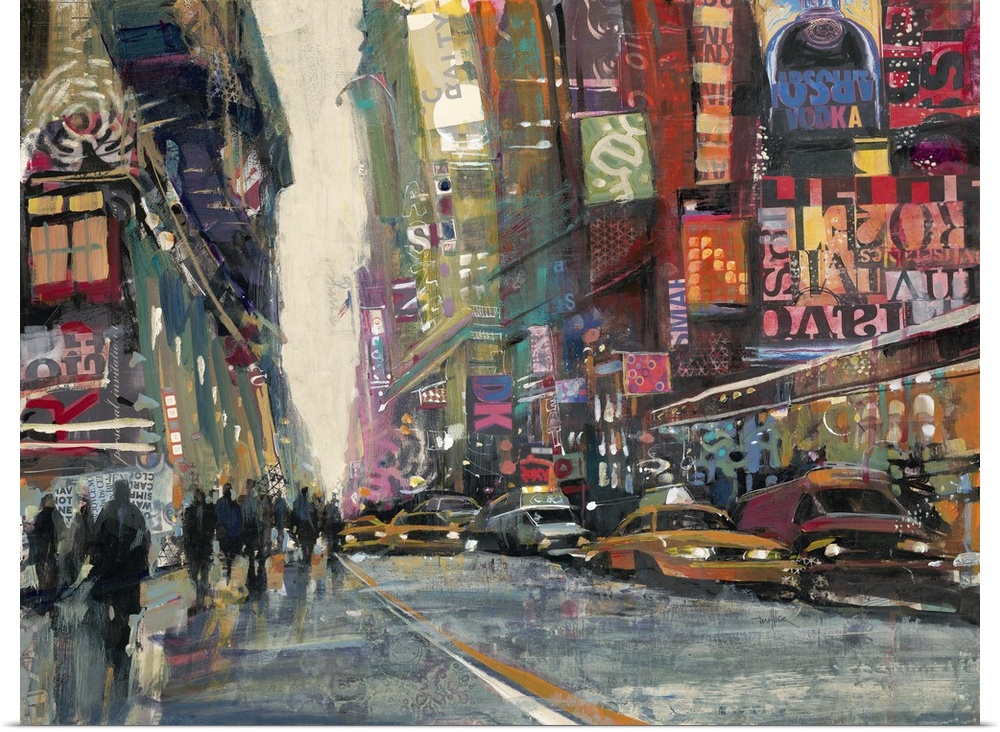 Contemporary painting of crowded city streets filled with taxi cabs.