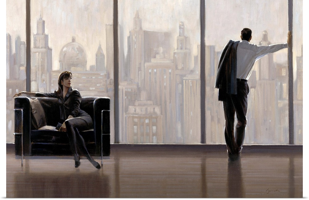 Contemporary painting of woman sitting on a chair and man standing at a large window looking out at a city skyline.