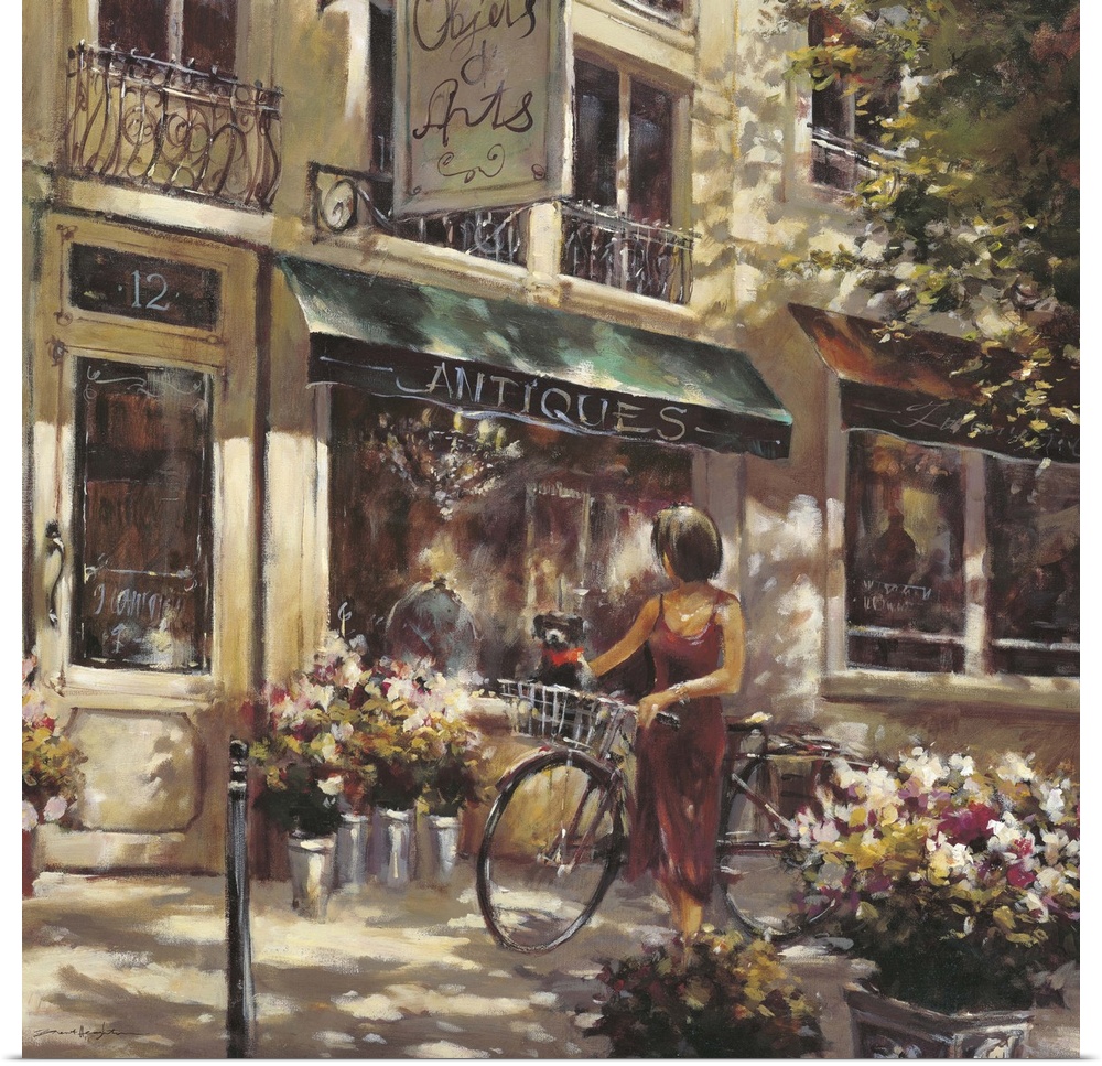 Contemporary painting of a woman walking a bicycle, outside of a flower shop.