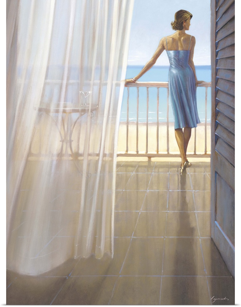 Contemporary painting of woman in a blue dress standing on a balcony overlooking a beach.
