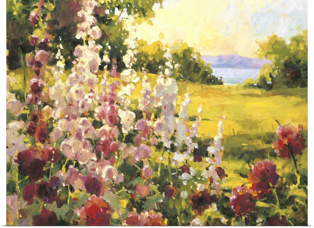 Contemporary painting of a field of wildflowers looking out to an ocean view.