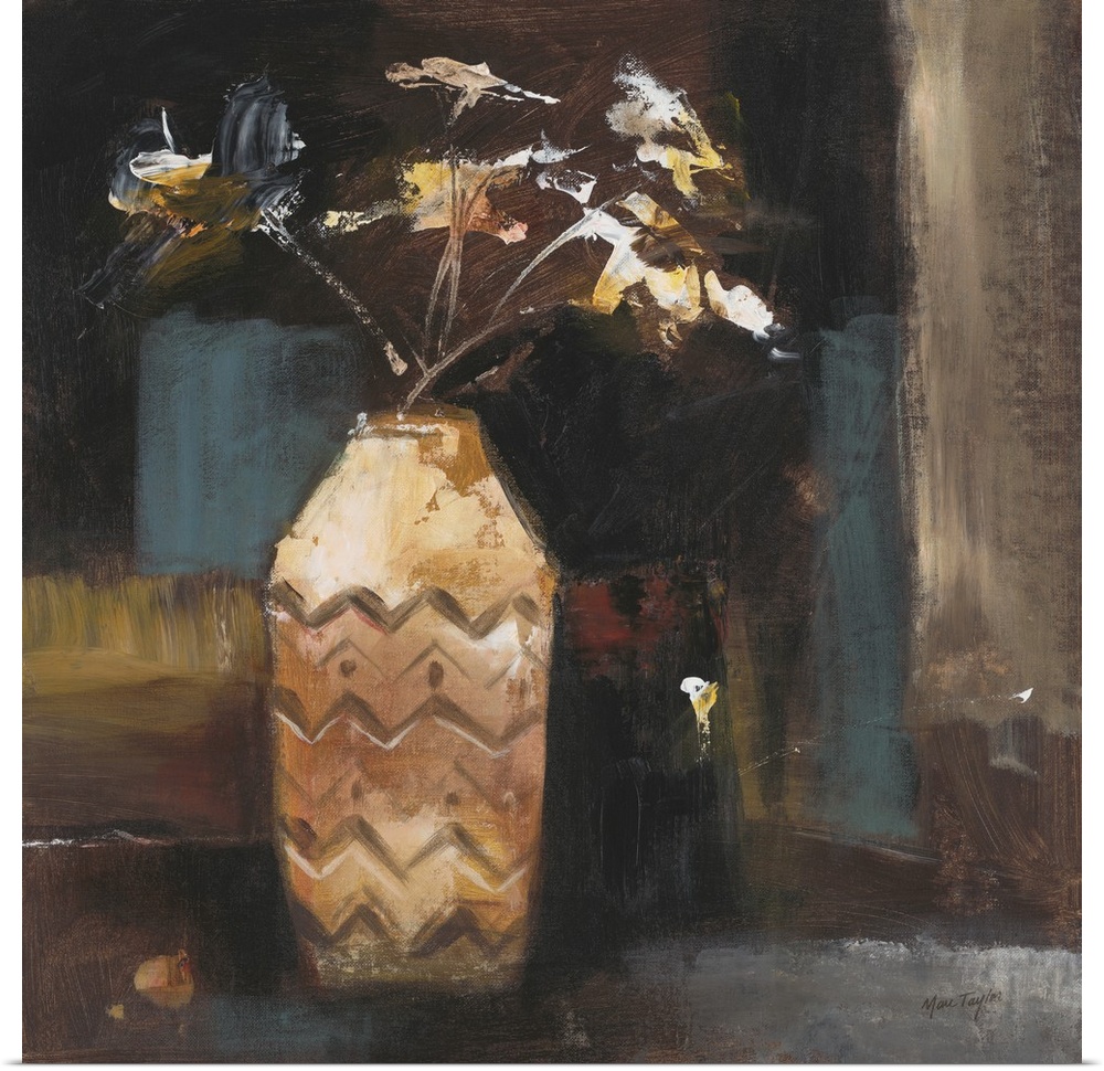 Contemporary painting of flowers in a patterned decorative vase.