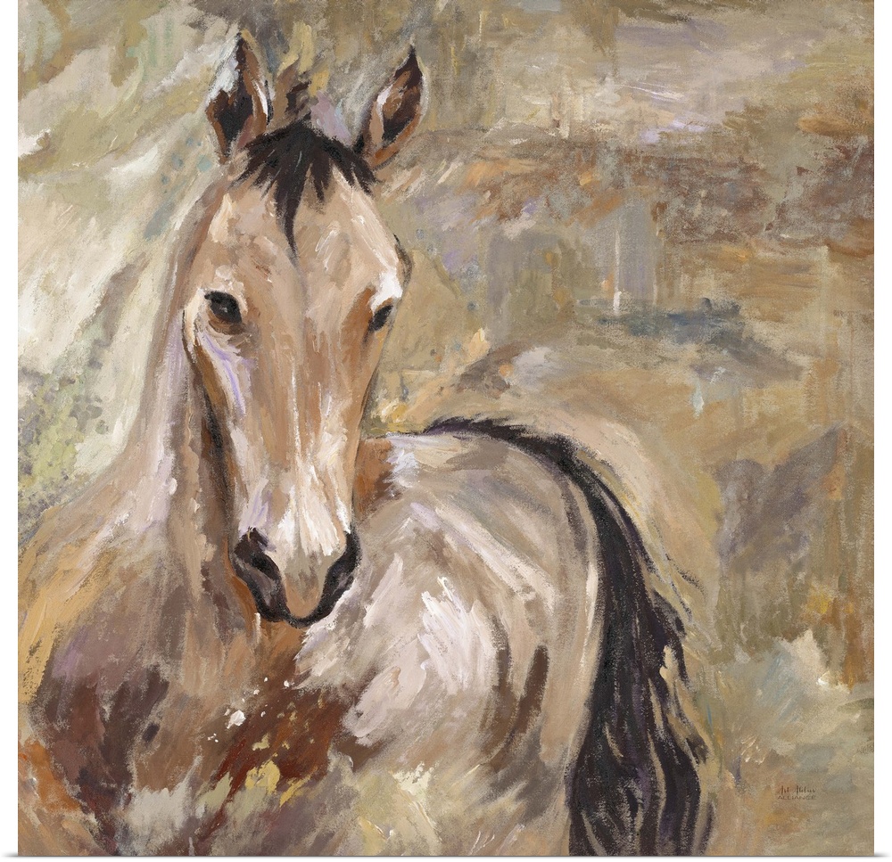 Home decor artwork of a lone brown horse against a brown background.