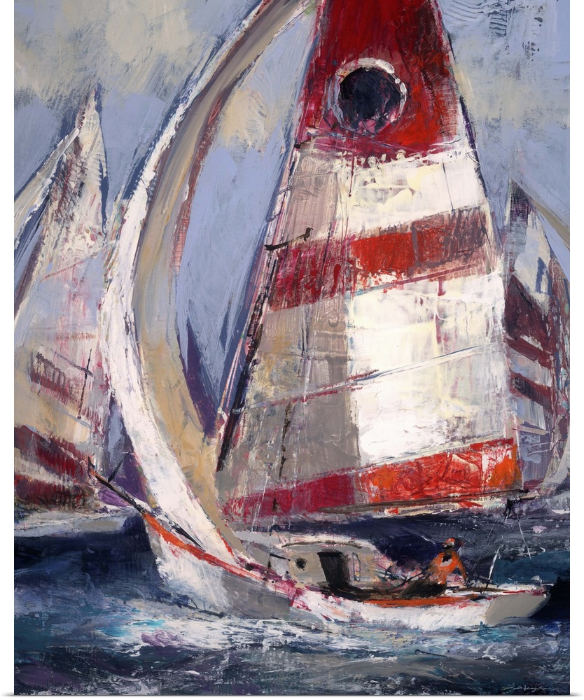 Contemporary painting of sailboats with red white sails in a choppy ocean.