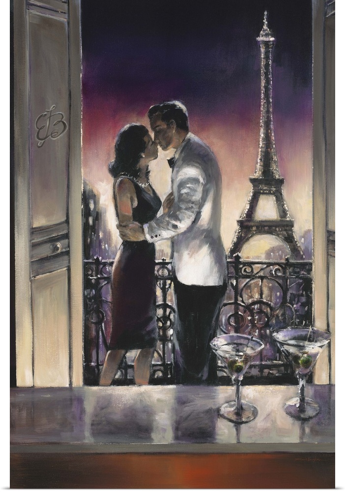Contemporary painting of a man and woman sharing a kiss on a balcony with the Eiffel tower int he background.