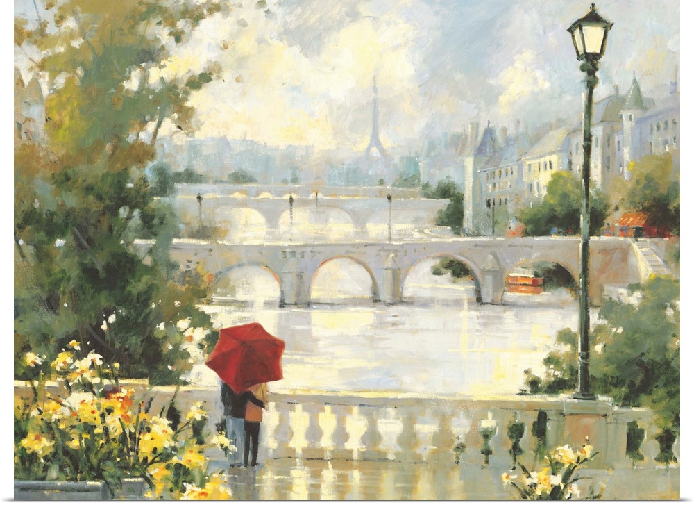 Contemporary painting of an embracing couple standing under a red umbrella looking at the city.