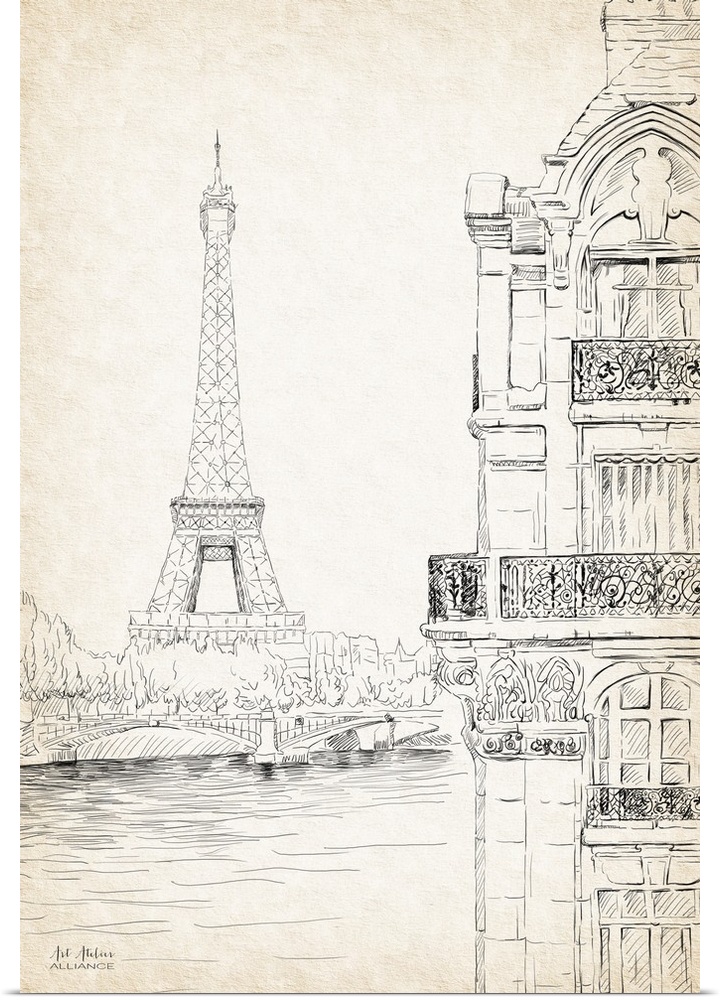 Contemporary illustrative home decor artwork of the Eiffel Tower in Paris from the other side of the river.