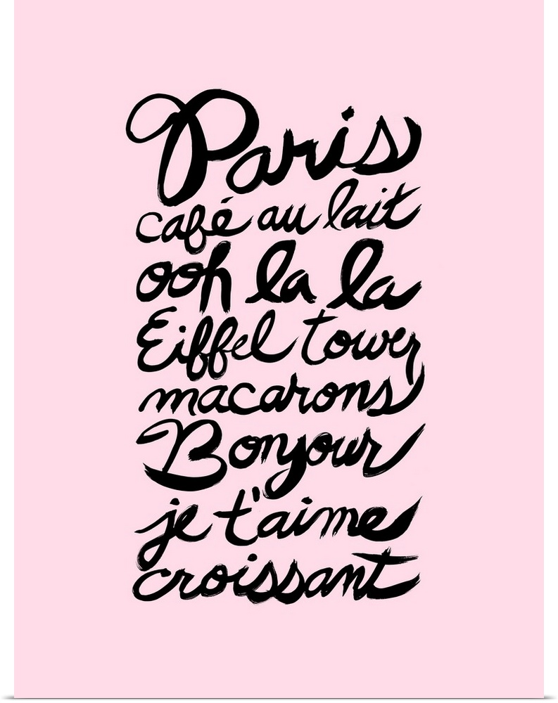 Paris themed French words hand lettered in black on a pastel pink background.