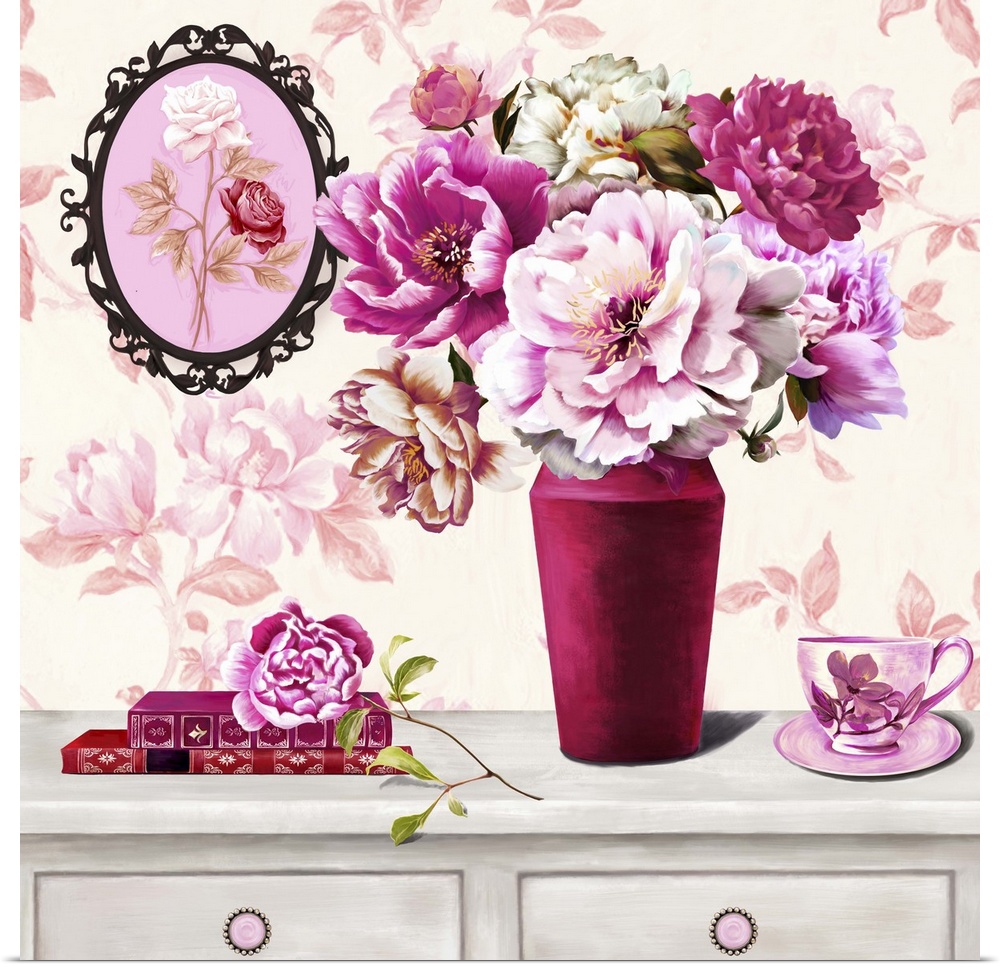 Contemporary vibrant home decor artwork of a floral still-life in bright pink tones.