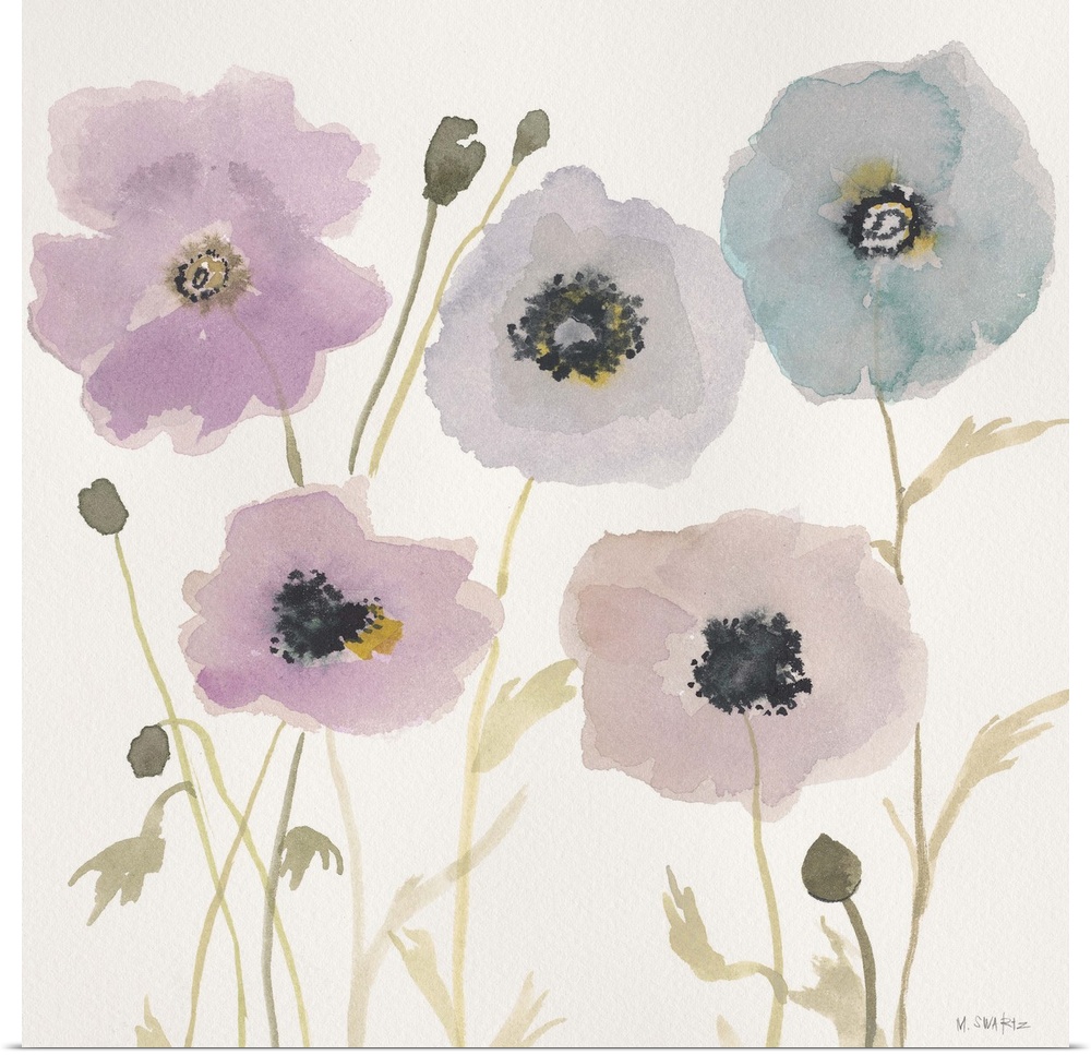 Contemporary painting of a soft pastel colored flowers against a cream background.