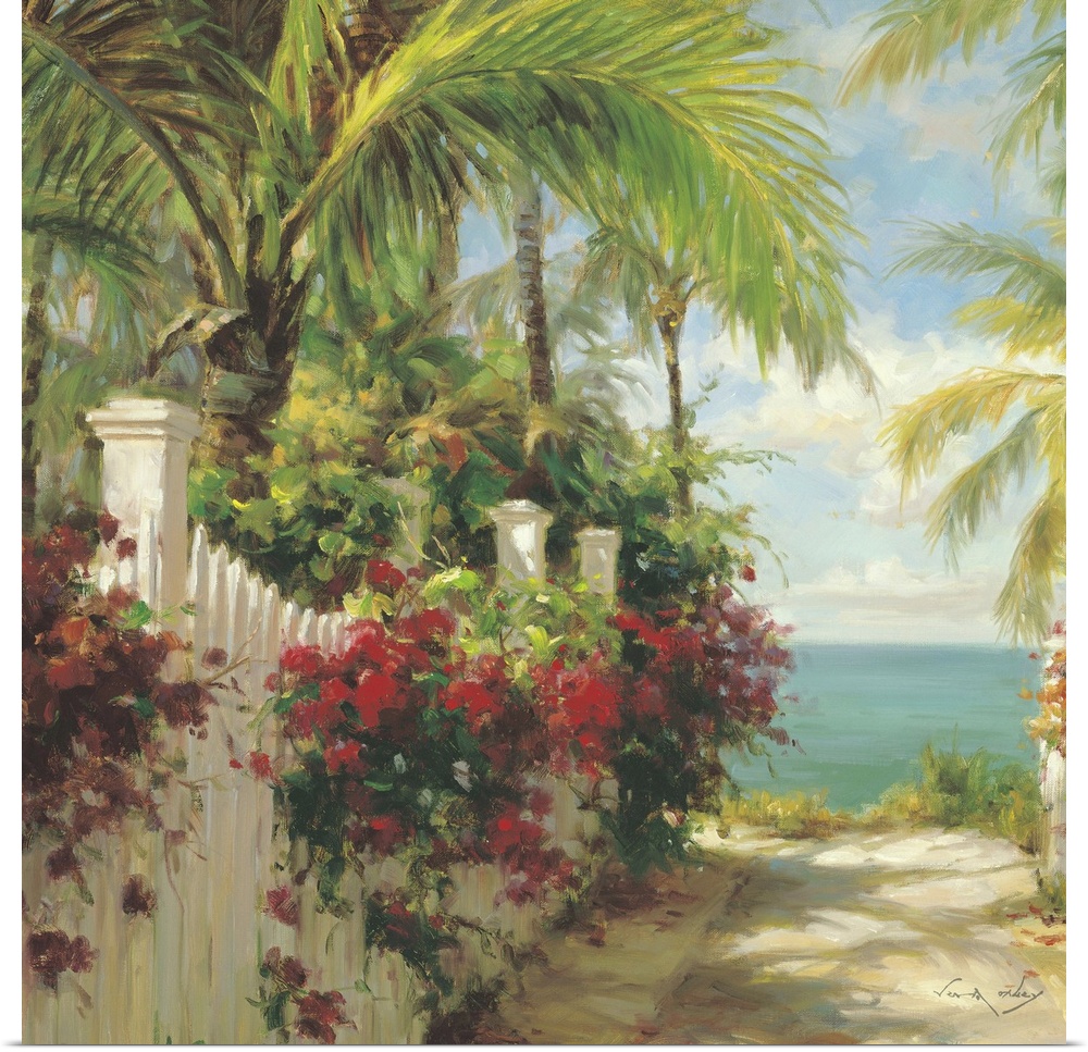 Contemporary painting of a sandy path to the ocean with white fences and palm trees.