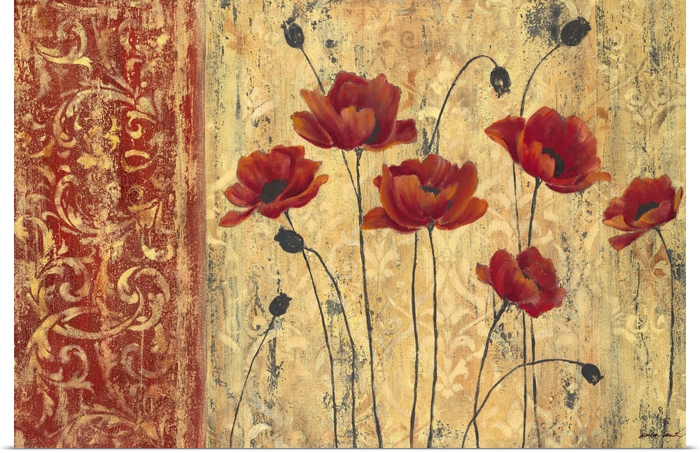 Small group of painted anemone flowers on an earthy background with a red pattern on the side.