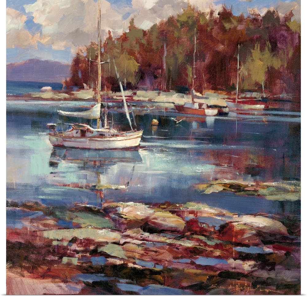 Contemporary painting of a sailboat on still water, with billowing clouds in the background.