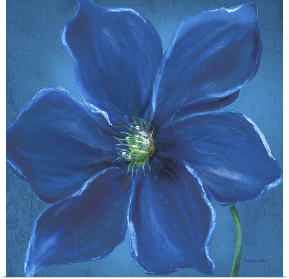 Close up painting of a deep blue flower with wide petals.