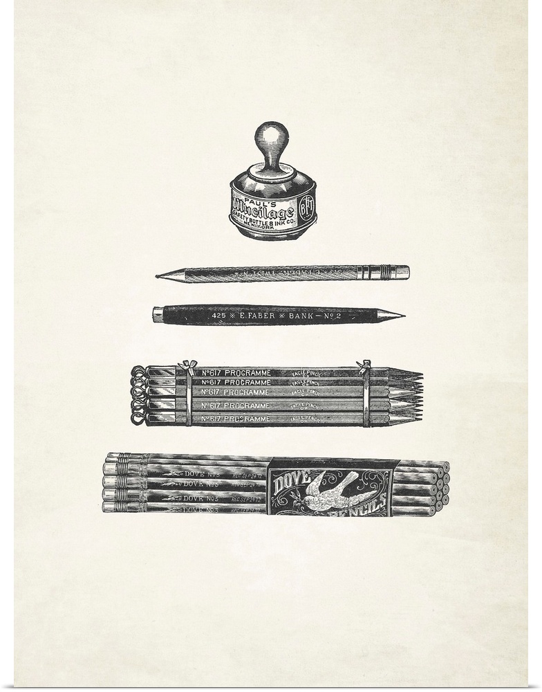 Black and white illustrations of antique pens and pencils on a sepia toned background.