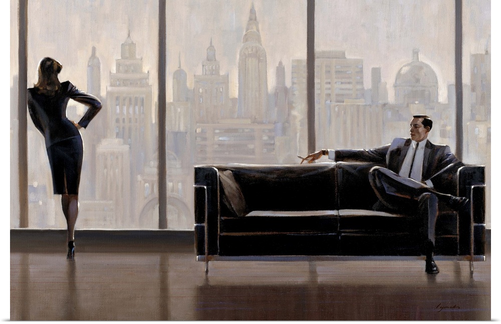 Contemporary painting of woman standing at a window looking out a city skyline, while a man in a suit sits on sofa.