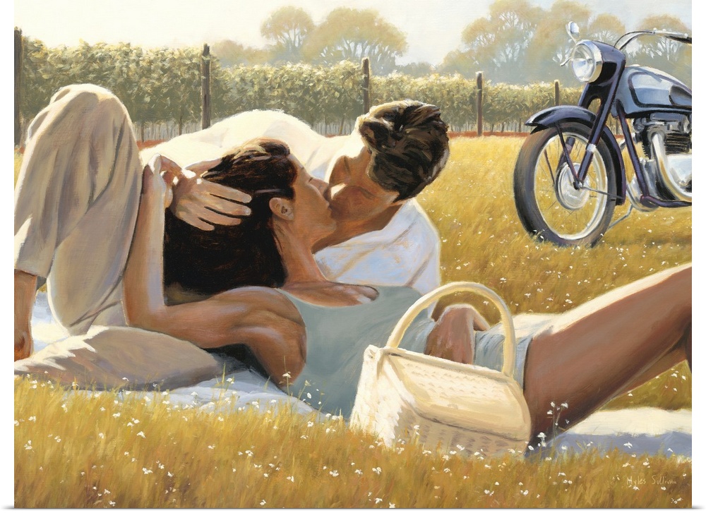 Contemporary painting of a man and woman kissing in a meadow.