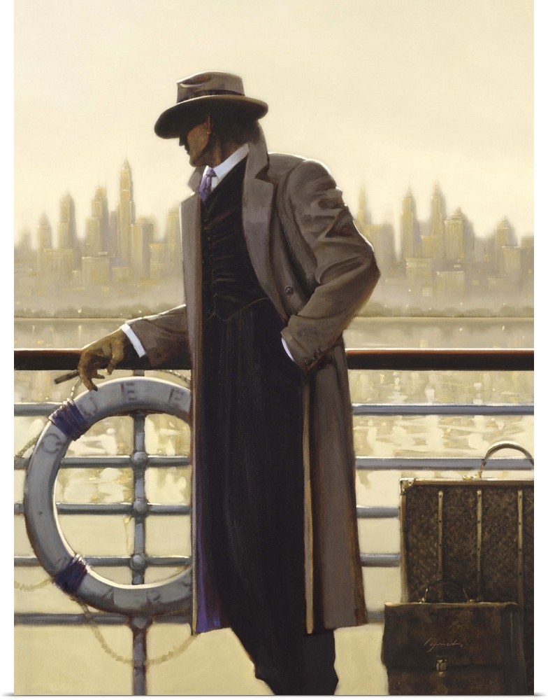 Contemporary painting of man leaning on a railing of a ship, looking to the right.