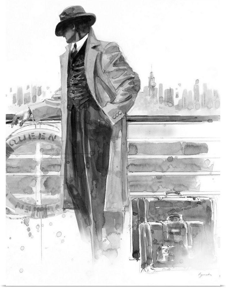 Contemporary painting in gray scale of a man standing in front of a railing on a ship, looking out at a city skyline.