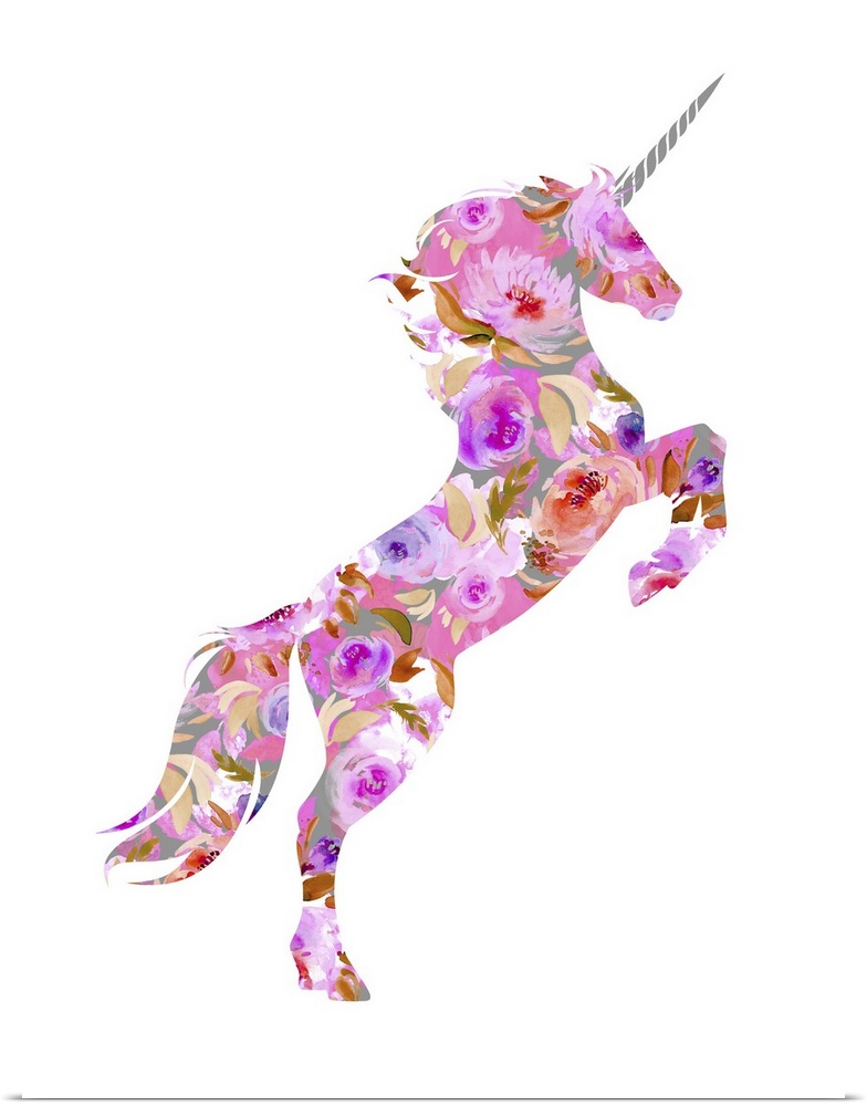 Illustration of a pink, purple, red, and gray floral unicorn on a white background.