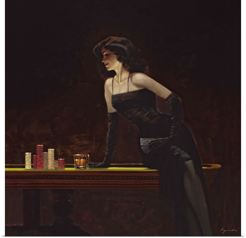 Contemporary painting of woman wearing a black cocktail dress sitting on the edge of a casino table, holding playing cards...