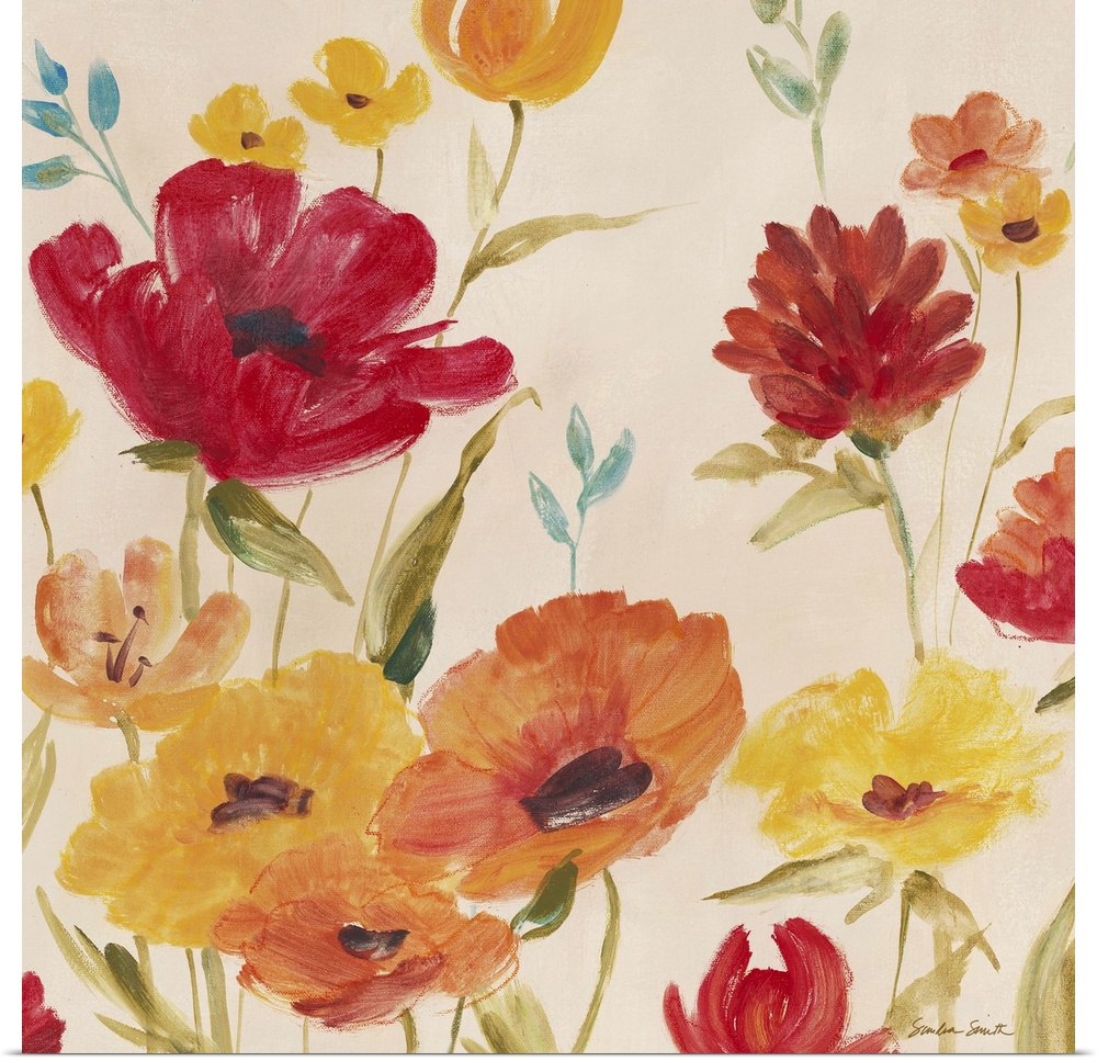 Colorful painting of several bright poppy flowers on a light background.
