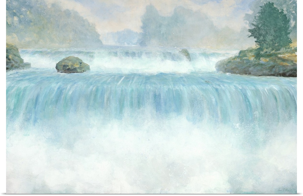 Contemporary art print of a rushing waterfall with cool blue water.