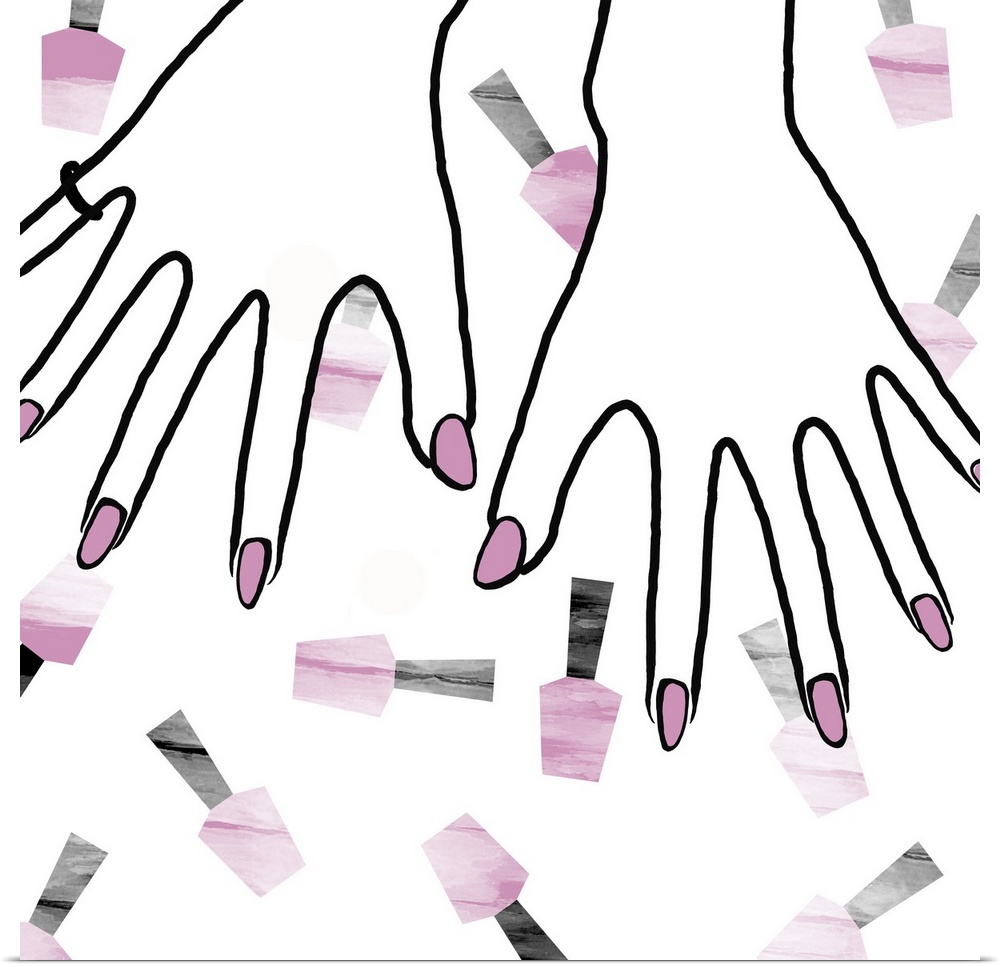 Two hands with painted pink nails and bottles of polish.
