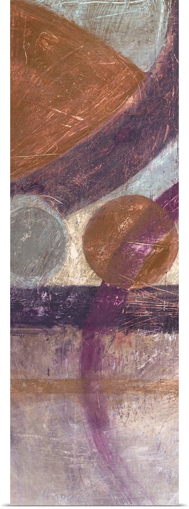 Vertical abstract artwork with circular geometric shapes in browns and purples.