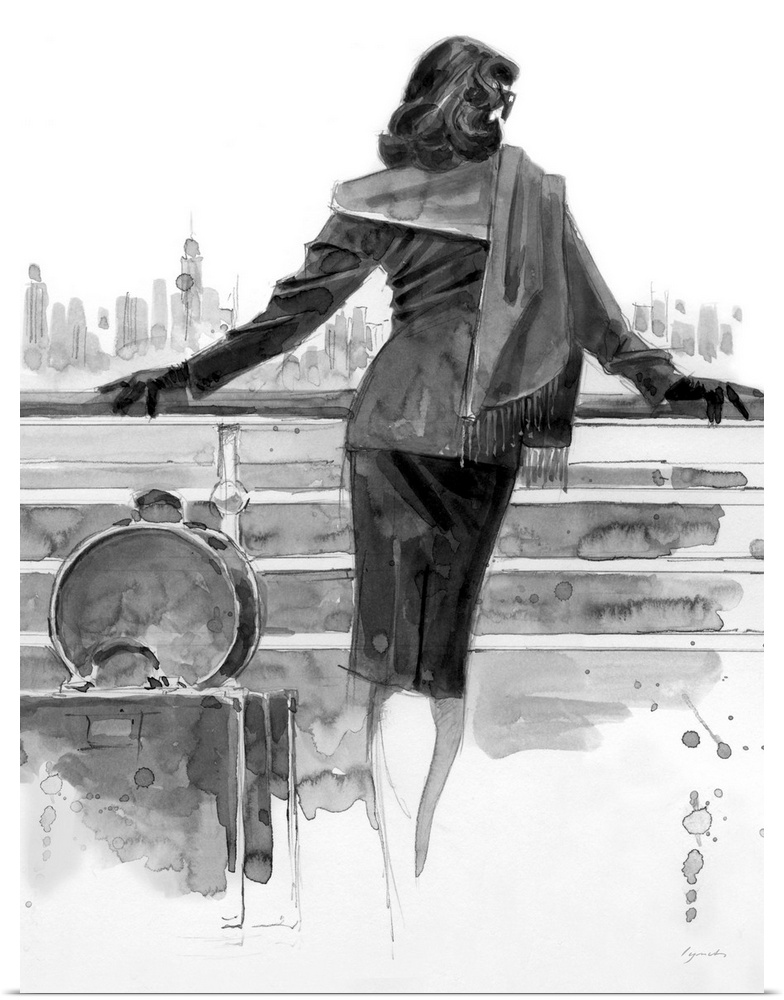 Contemporary painting in gray scale of a woman standing in front of a railing on a ship, looking out at a city skyline.