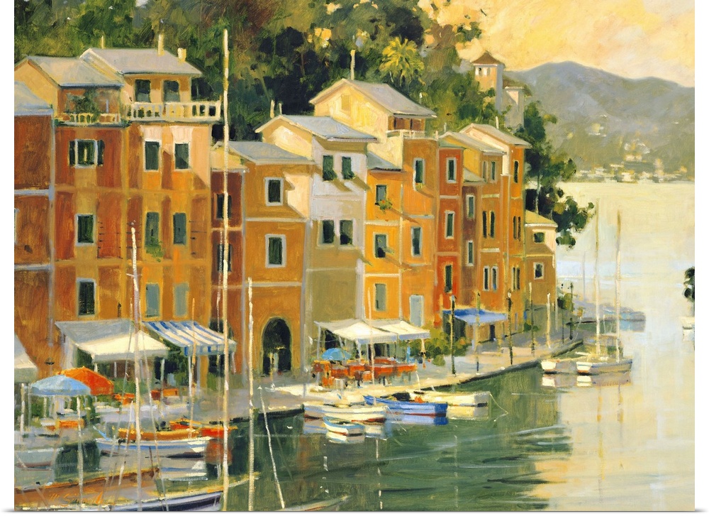 Contemporary painting of a village harbor, with yellow buildings.