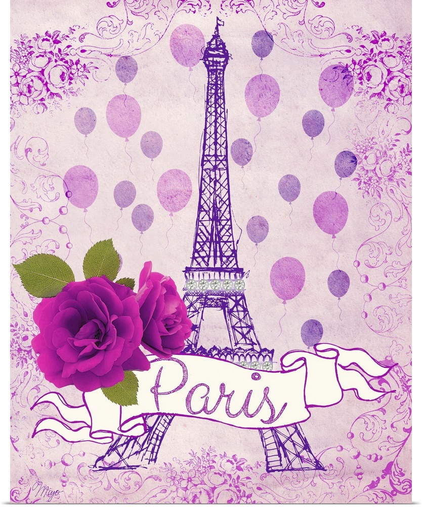 Vibrant pink Paris themed home decor art of a purple Eiffel tower against a pink background wit a pink flower.