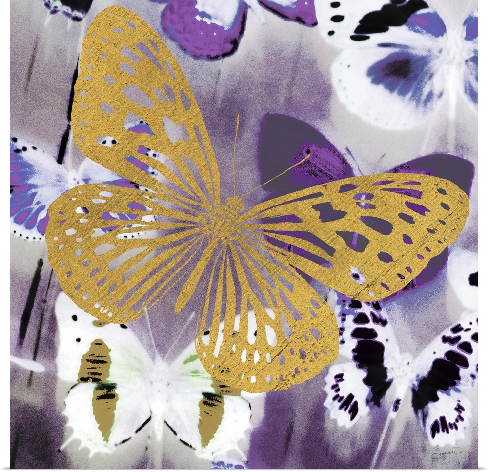 Painting of a golden butterfly silhouette against a multi-toned purple butterfly background.