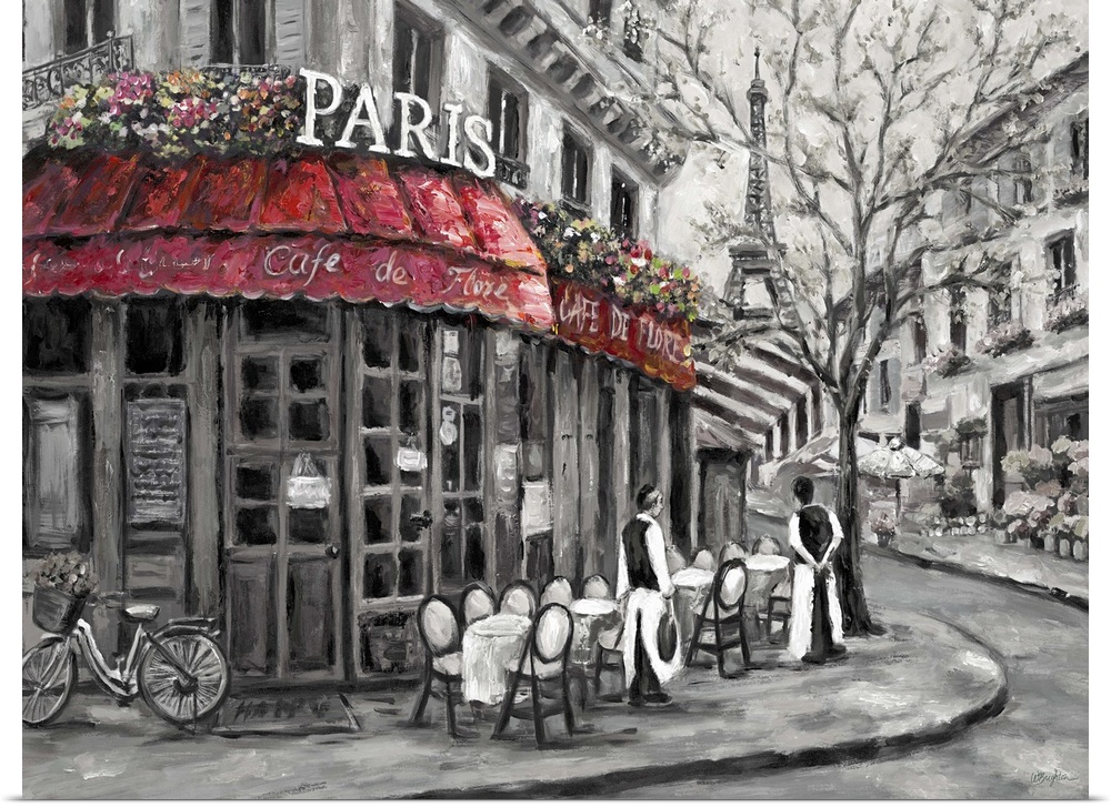 Painting of a street scene in Paris, France, near an outdoor cafe.