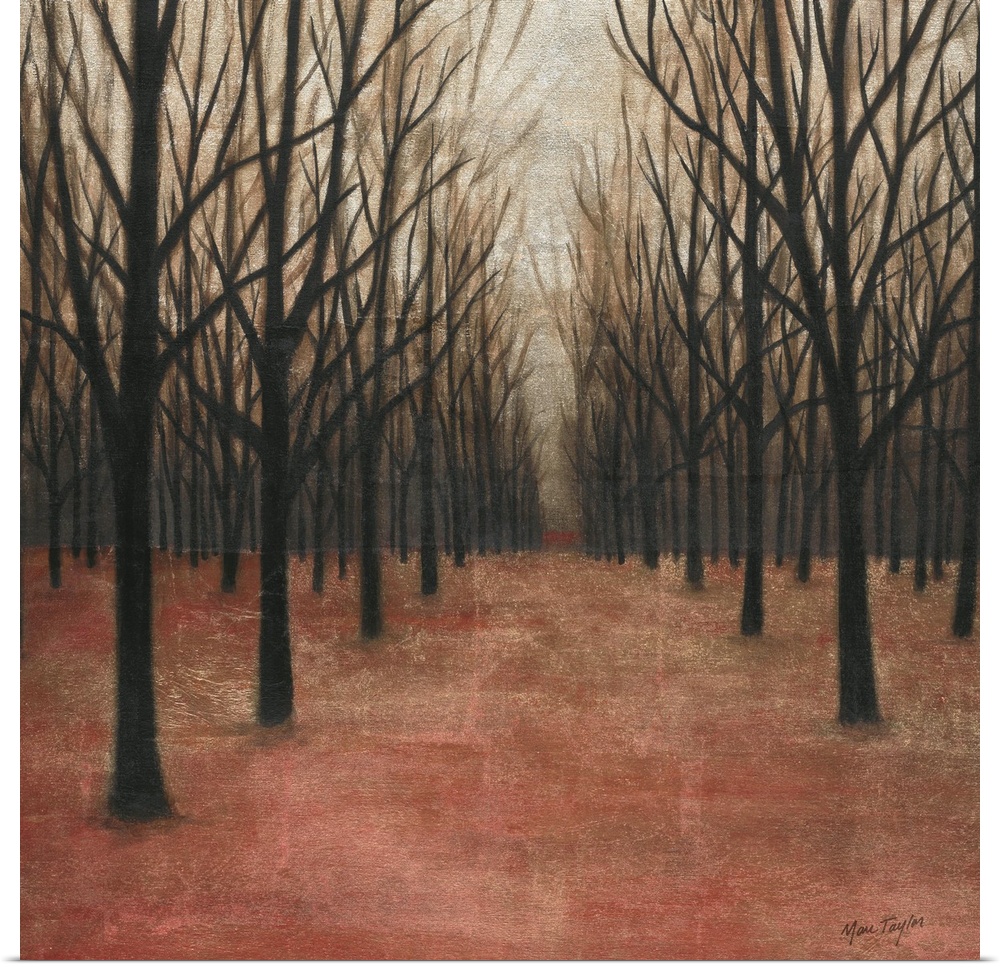 Contemporary painting of a dark forest with black bare trees on a red forest floor.