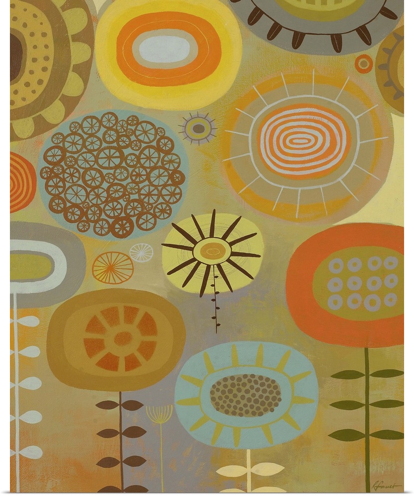 Contemporary painting with a retro feel of colorful shapes and designs making a flowery garden scene.