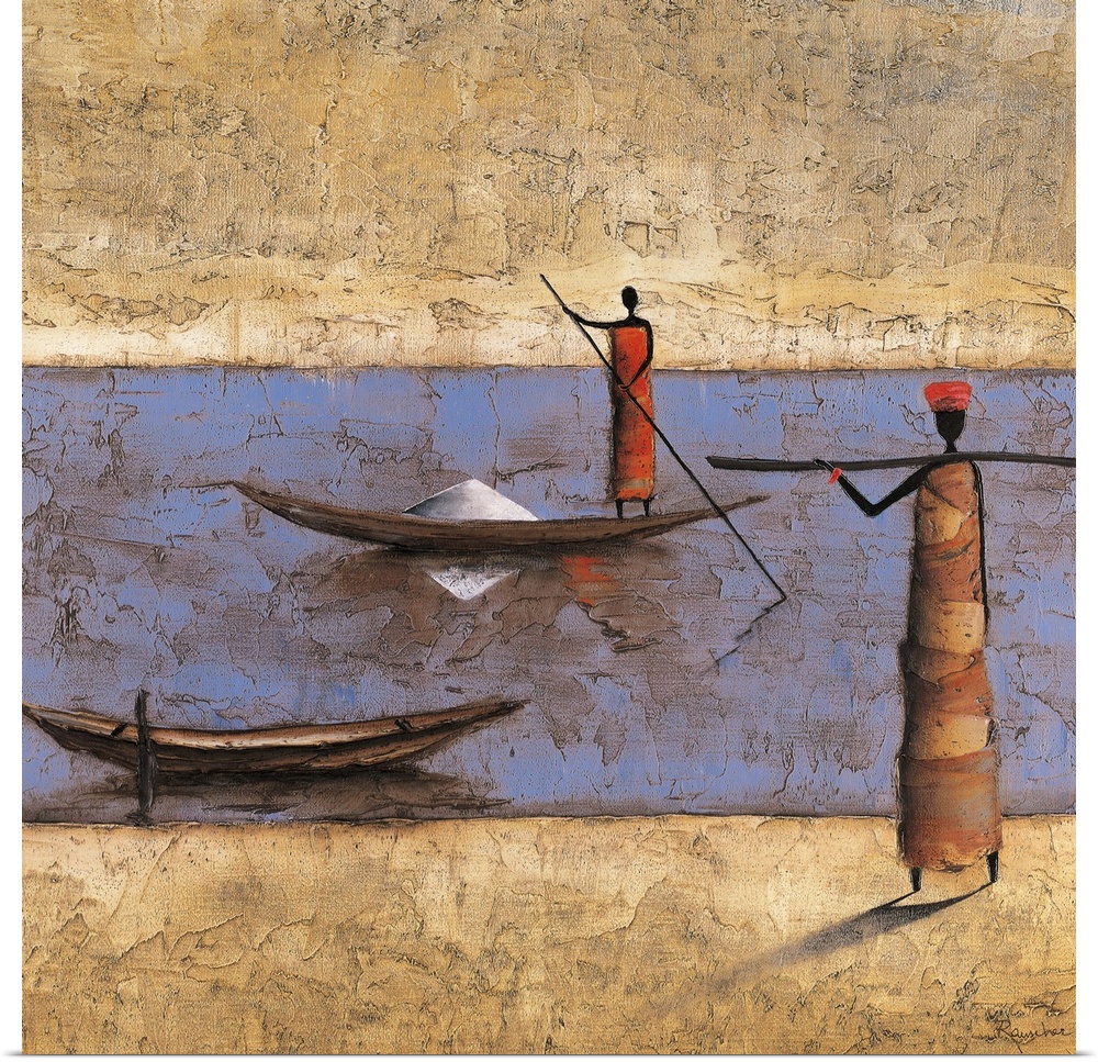 Contemporary painting of a tribal figure on a boat in a river and another figure standing on the shore.