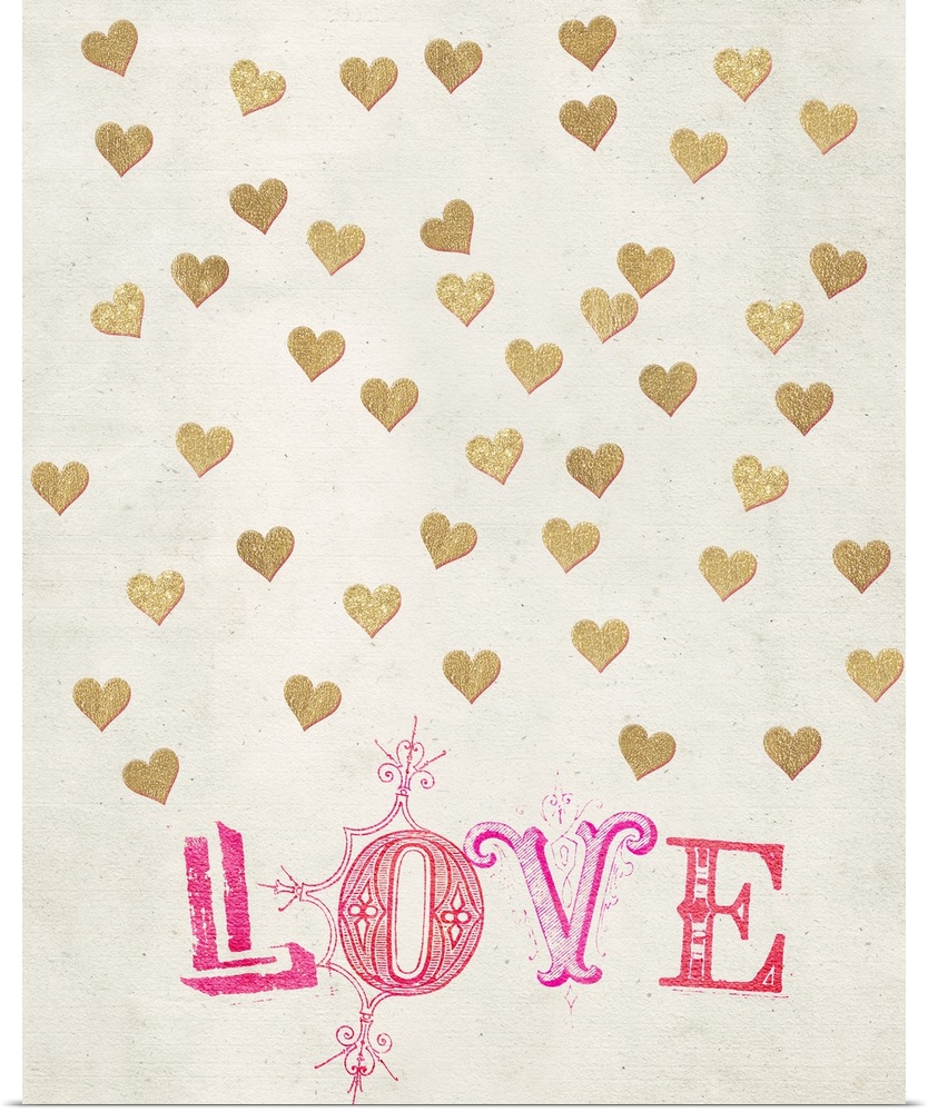 Golden hearts and the word Love in pink against a weathered neutral background.