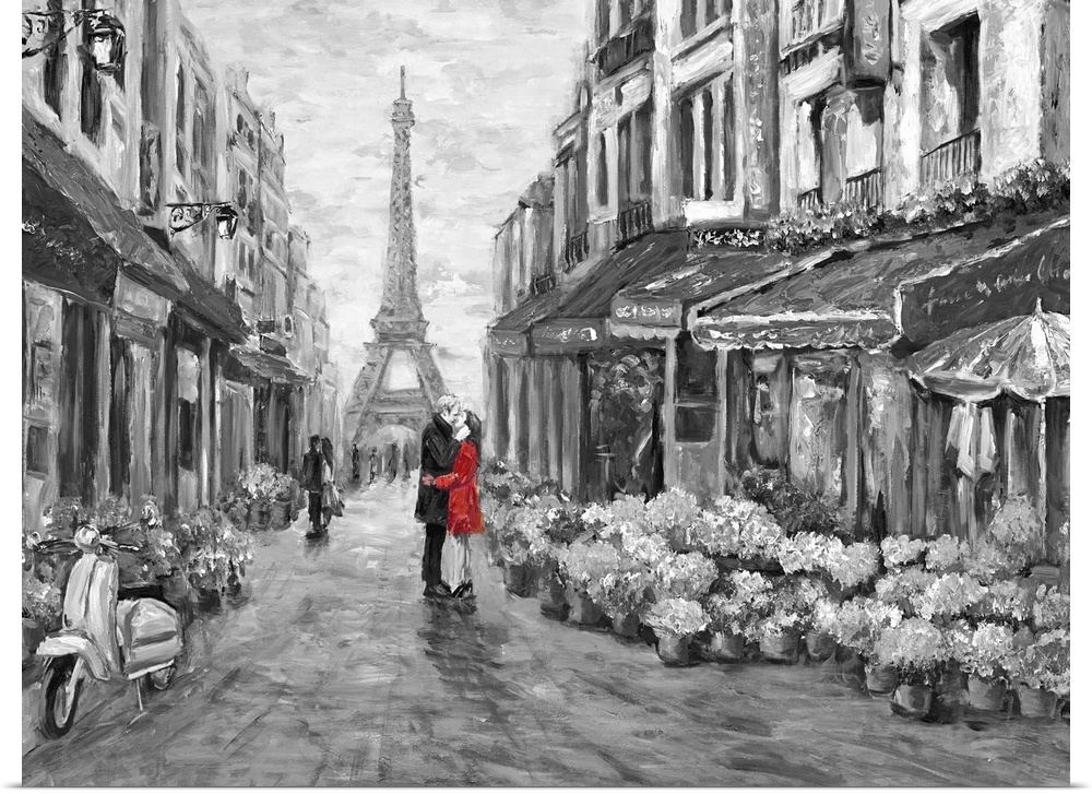 Painting of a street scene in Paris, France, with the Eiffel Tower in the distance.