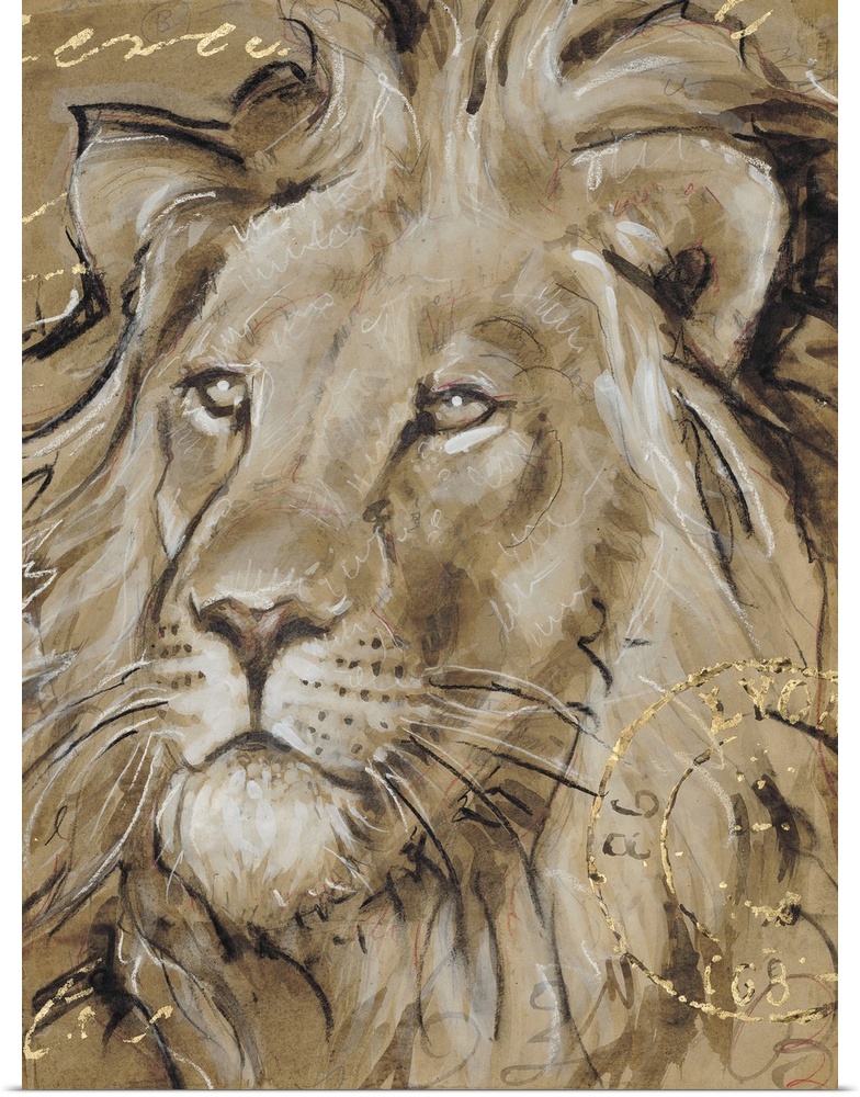Portrait of a lion in brown tones with golden writing.