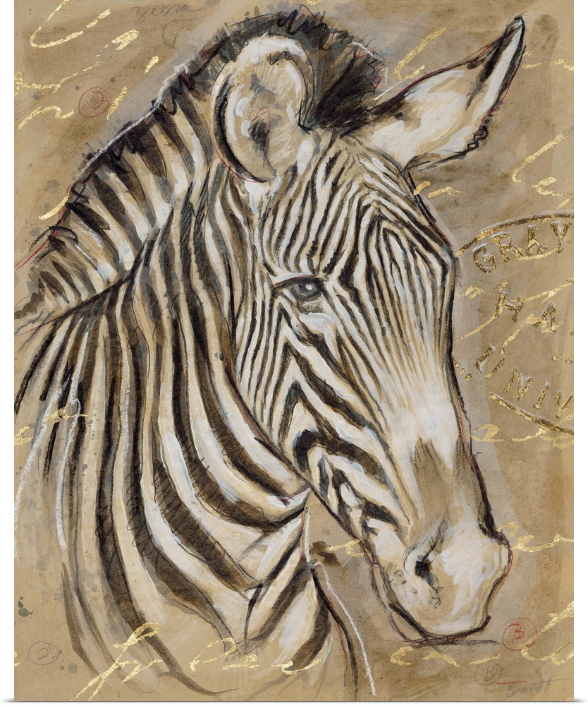 Portrait of a zebra in brown tones with golden writing.