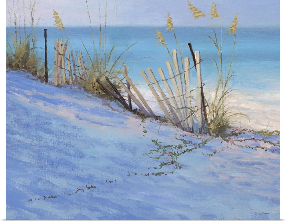 Contemporary painting of beach grasses on a dune near the ocean.