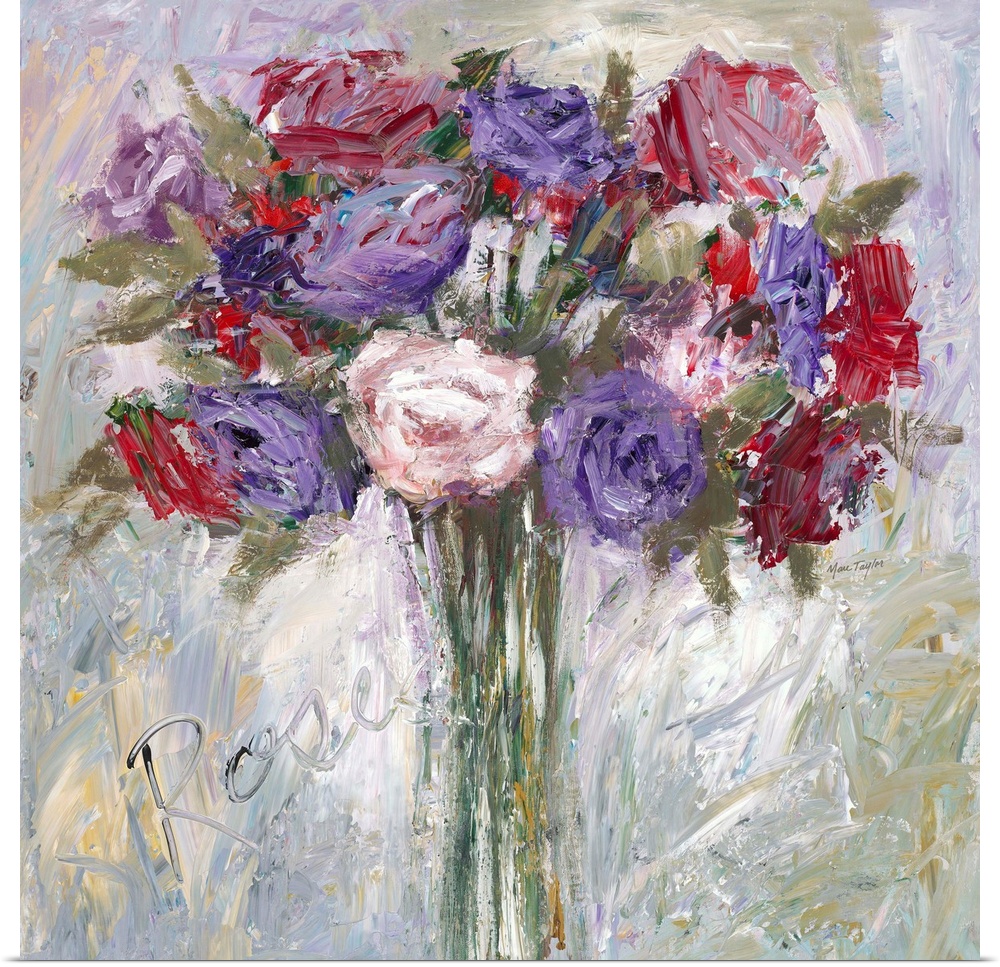 Contemporary still life painting of a bouquet of colorful flowers in a vase.
