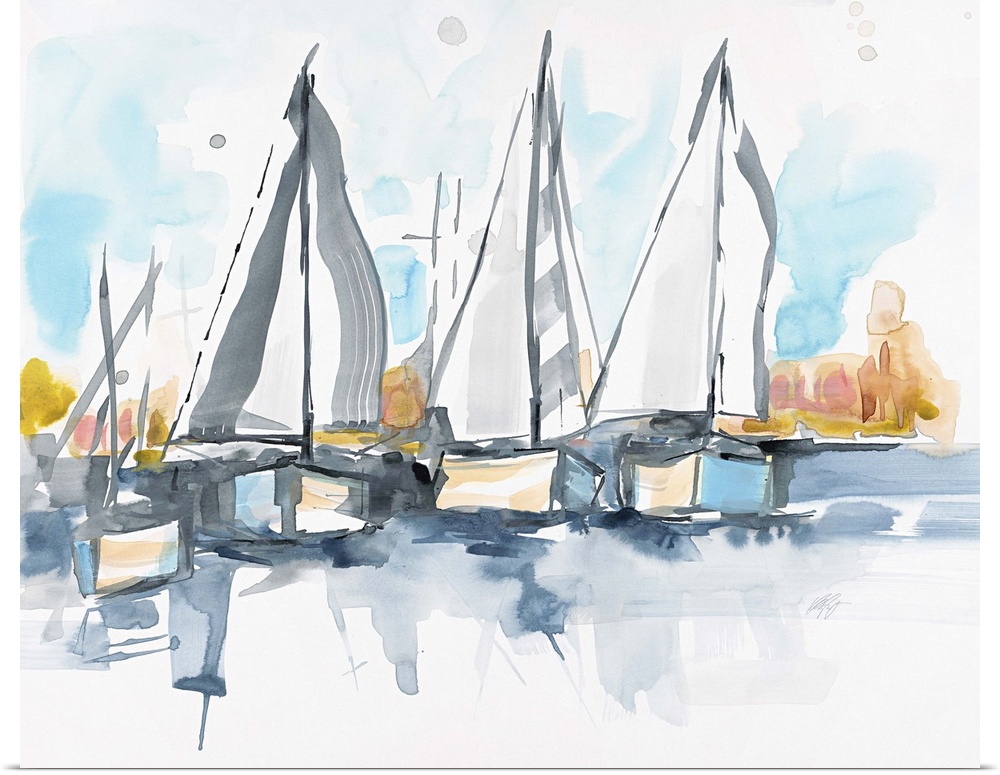 Watercolor painting of three sailboats on the water.
